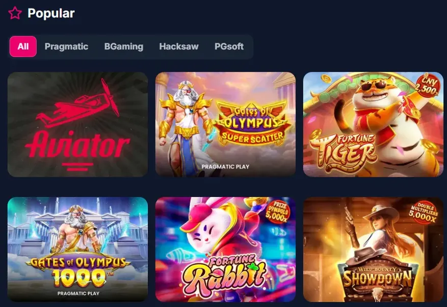 Juegos populares en el lobby de Lukkly con filtros por proveedor: Pragmatic, BGaming, Hacksaw y PGsoft